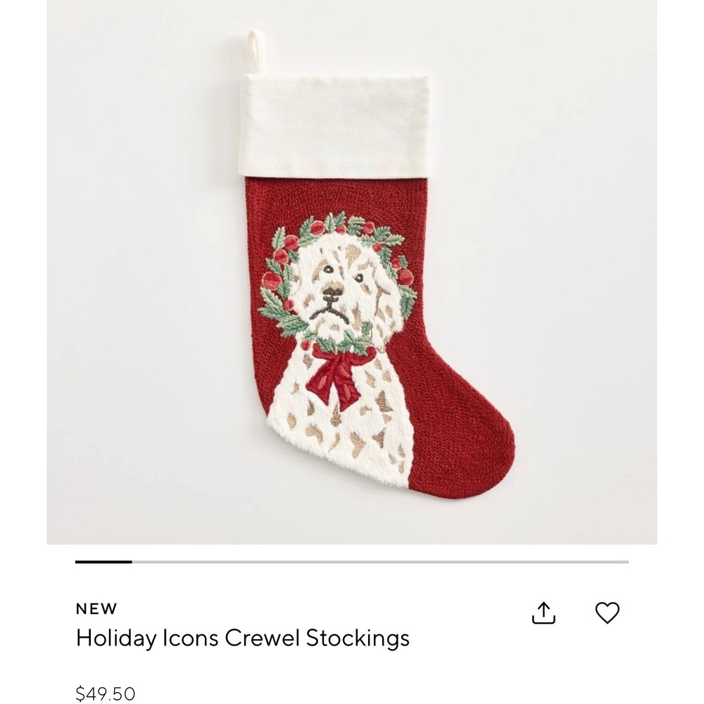 Pottery Barn Holiday Icons Crewel Stocking Labradoodle Wreath Red White Cotton